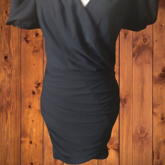Express Women's Small Black Short Puff Sleeve Faux Wrap Ruched Dress New LBD - Picture 3 of 6